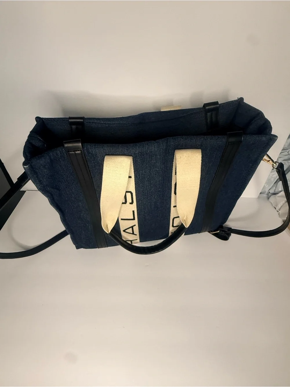 Halston Heritage Navy Canvas Tote with Cream Branded Straps